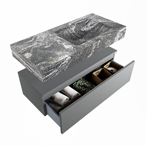 Mondiaz ALAN-DLUX Ensemble de meuble - 100cm - meuble Plata mat - 1 tiroir - Lavabo Cloud Lava suspendu - vasque Droite - 1 trou de robinet SW808626