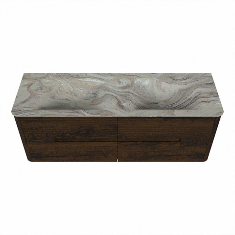Mondiaz CIRO-DLUX Ensemble de meubles de salle de bains - 140x45x50cm - Vasque solid surface Glace - 2 bacs Double - 2 trous de robinet - 4 tiroirs - Noyer SW1530260