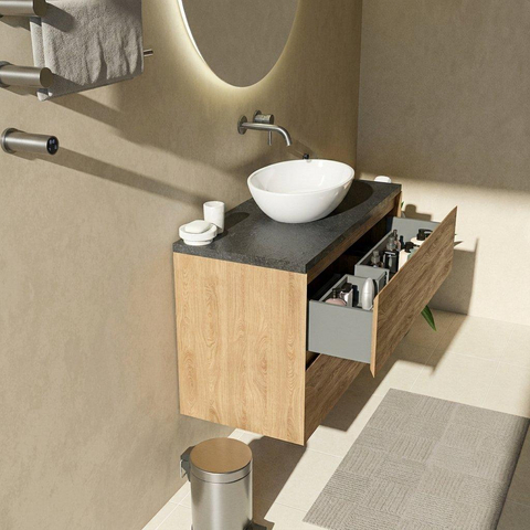Saniclass Holz Pure Badkamermeubelset - 100x45x63cm - Noche basalten wastafelblad gepolijst (zwart) - zonder kraangat - 2 lades - mat eiken natural (hout) SW1478556
