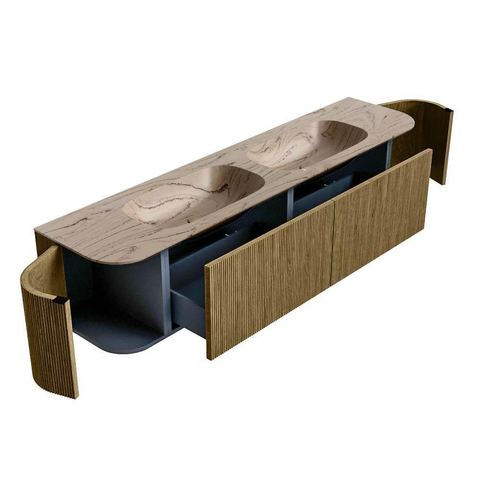 MONDIAZ KURVE-DLUX Meuble de salle de bains 190cm arrondi gauche + droite couleur Dusk avec 2 tiroirs et 2 portes. Lavabo STOR SMALL Double 2 trous de robinet Arena. SW1431424