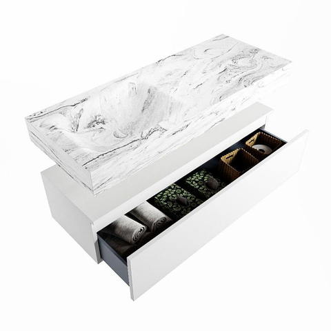 Mondiaz ALAN-DLUX Ensemble de meuble - 120cm - meuble Talc mat - 1 tiroir - Lavabo Cloud Glace suspendu - vasque Gauche - 1 trou de robinet SW805307