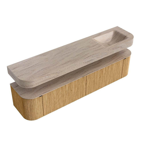 MONDIAZ THOR-DLUX Meuble de salle de bains - 200cm - arrondi gauche + droite - couleur Oak - 2 tiroirs et 2 portes - Vasque suspendue CLOUD Droite 1 trou de robinet couleur Saba SW1467215