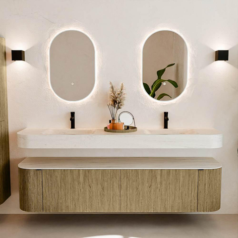 MONDIAZ THOR-DLUX 190cm meuble de salle de bains arrondi gauche + droite couleur Dusk avec 2 tiroirs et 2 portes. Vasque suspendue CLOUD Double 2 trous de robinet couleur Meli. SW1466744