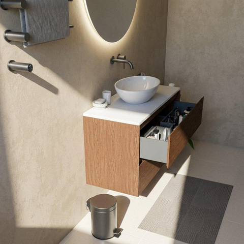 Saniclass Holz Pure Badkamermeubelset - 100x45x62.5cm - Torino solid surface topblad wit - zonder kraangat - 2 lades - mat walnut pure (hout) SW1478708