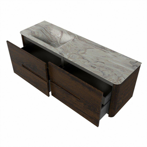 Mondiaz CIRO-DLUX Ensemble meuble de salle de bains - 150x45x50cm - vasque solid surface Glace - 1 lavabo à gauche - sans trous de robinet - 4 tiroirs - Noyer SW1530270
