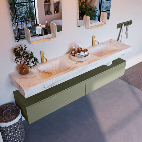 Mondiaz ALAN-DLUX Ensemble de meuble - 200cm - meuble Army mat - 2 tiroirs - Lavabo Cloud Frappe suspendu - vasque Gauche et droite - 2 trous de robinet SW805256