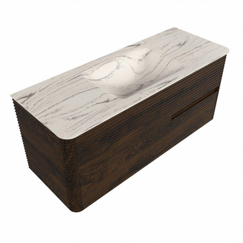 Mondiaz CIRO-DLUX Ensemble de meubles de salle de bains - 120x45x50cm - Vasque en solid surface Nata - 1 bassin au centre - sans trous de robinet - 2 tiroirs - Noyer SW1530579