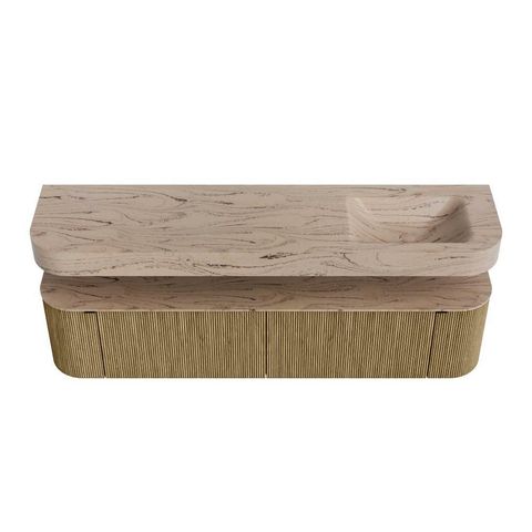 MONDIAZ THOR-DLUX 190cm meuble de salle de bains arrondi gauche + droite couleur Dusk avec 2 tiroirs et 2 portes. Vasque suspendue CLOUD Droite sans trou de robinet couleur Arena. SW1466601