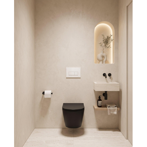 QeramiQ Dely Ensemble WC - 36.3x51.7cm - cuvette profonde - sans bride - réservoir encastré Geberit UP720 - abattant WC fermeture amortie - 35mm - plaque de commande blanche brillante - boutons rectangulaires - noir mat SW1427985