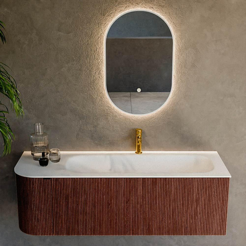 Mondiaz KURVE Ensemble de meubles de salle de bains - 135x46x40cm - 1 tiroir - 1 porte - vasque solid surface - droite - 1 trou de robinet - Ruby SW1415297