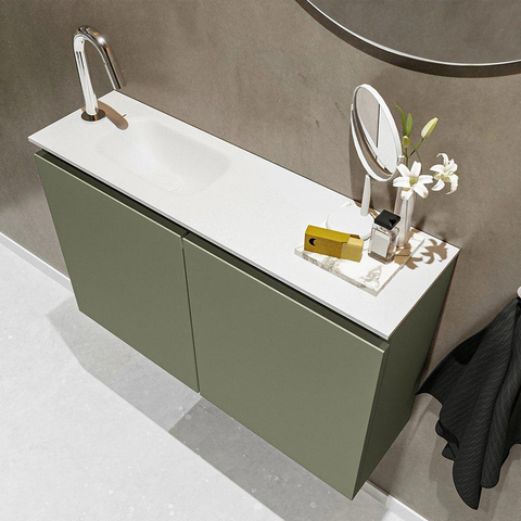 MONDIAZ TURE Kit lave-mains - 80x23x50cm - 1 trou de robinet - 2 portes - armée mate - Lavabo à gauche - Acrylique Blanc SW475001