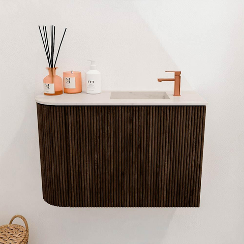 Mondiaz JOYA-DLUX 61.6cm toiletmeubel - ronding links kleur Walnut - Wastafel FAYE positie Rechts 1 kraangat kleur Meli. SW1426243