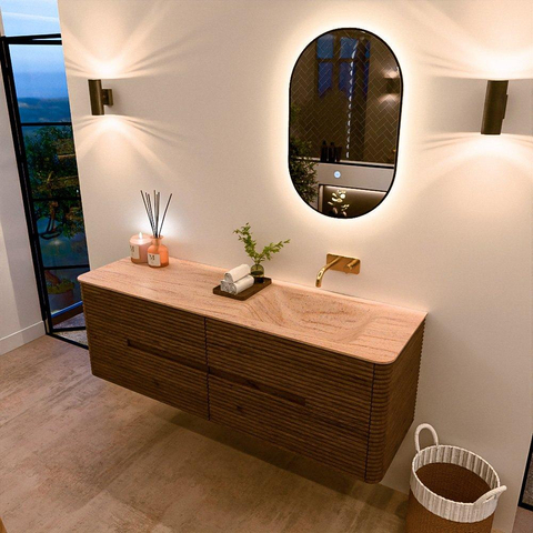 Mondiaz CIRO-DLUX Badkamermeubelset - 150x45x50cm - Solid surface wastafel Saba - 1 wasbak Rechts - zonder kraangaten - 4 lades - Dusk SW1533348