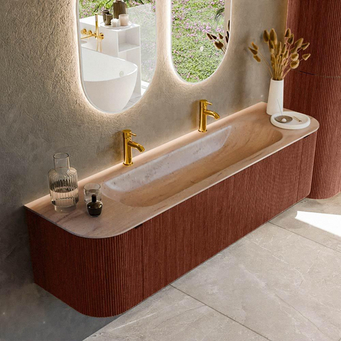 MONDIAZ KURVE-DLUX 170cm badmeubel ronding Links + Rechts kleur Ruby met 1 lade en 2 deuren. Wastafel BIG LARGE Midden 2 kraangaten Saba. SW1433492