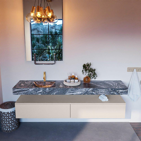 Mondiaz ALAN-DLUX Ensemble de meuble - 200cm - meuble Linen mat - 2 tiroirs - Lavabo Cloud Lava suspendu - vasque Gauche - 1 trou de robinet SW808228