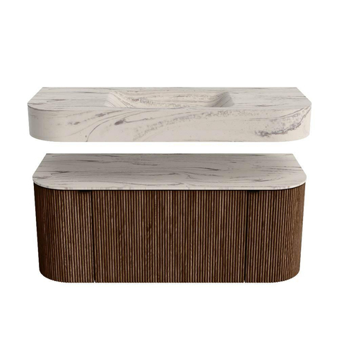 MONDIAZ THOR-DLUX 110cm badmeubel ronding links + rechts kleur Walnut met 1 lade en 2 deuren. Vrijhangende wastafel CLOUD Midden 1 kraangat kleur Nata. SW1462930