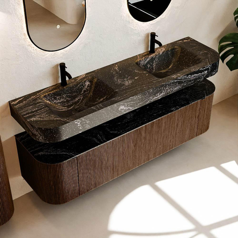 MONDIAZ THOR-DLUX 170cm meuble de salle de bains arrondi gauche + droite couleur Walnut avec 1 tiroir et 2 portes. Vasque suspendue CLOUD Double 2 trous de robinet couleur Lava. SW1465590