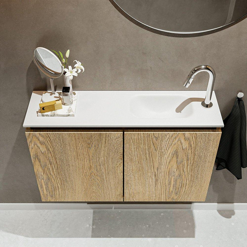 MONDIAZ TURE Kit lave-mains - 80x23x50cm - 1 trou de robinet - 2 portes - chêne blanchi mat - Lavabo à droite - Solid Surface Blanc SW475161