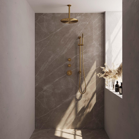 Brauer Gold Edition Ensemble de douche pluie encastré - douche principale 30cm - bras plafond 20cm - 3 boutons lisses - douchette à main 1 fonction - PVD - or brossé SW547650