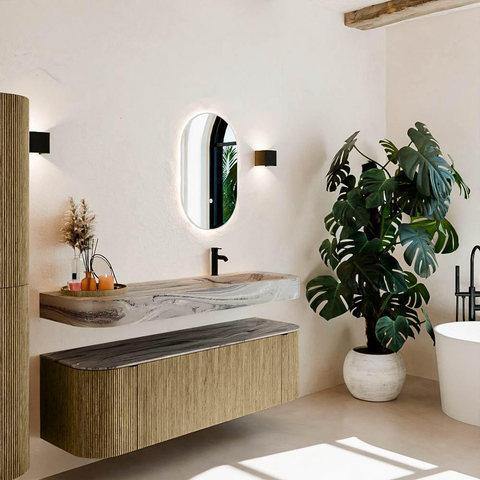 MONDIAZ THOR-DLUX 150cm meuble de salle de bains arrondi gauche + droite couleur Dusk avec 1 tiroir et 2 portes. Vasque suspendue CLOUD Droite 1 trou de robinet couleur Sombra. SW1464922