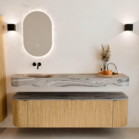 MONDIAZ THOR-DLUX 170cm badmeubel ronding links + rechts kleur Oak met 1 lade en 2 deuren. Vrijhangende wastafel CLOUD Links zonder kraangat kleur Sombra. SW1465840
