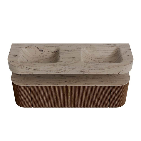 MONDIAZ THOR-DLUX 150cm meuble de salle de bains arrondi gauche + droite couleur Walnut avec 1 tiroir et 2 portes. Vasque suspendue CLOUD Double 2 trous de robinet couleur Arena. SW1464756