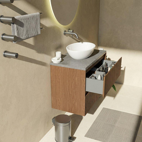 Saniclass Holz Atelier Badkamermeubelset - 80x45x63cm - Noche basalten wastafelblad gepolijst (zwart) - zonder kraangat - 2 lades - mat walnut pure (hout) SW1478536