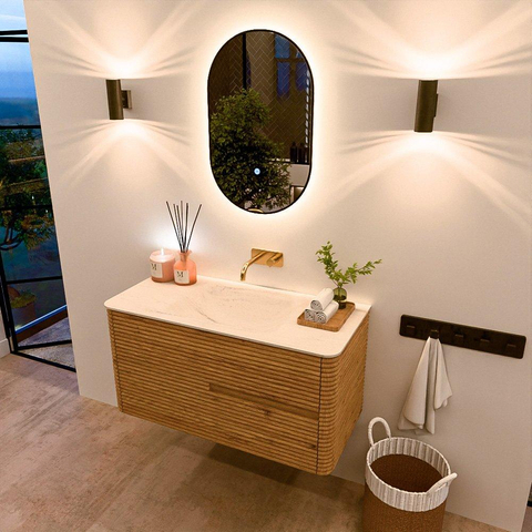 Mondiaz CIRO-DLUX Ensemble de meuble de salle de bains - 100x45x50cm - plan-vasque solid surface Meli - 1 bassin au milieu - sans trous de robinet - 2 tiroirs - chêne SW1531378