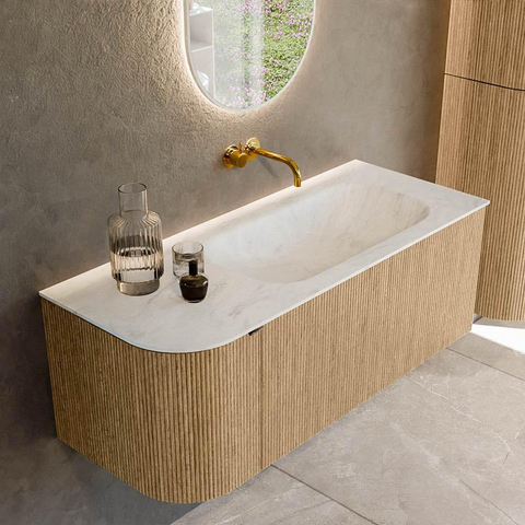 MONDIAZ KURVE-DLUX meuble de salle de bains 115cm avec module 25 L couleur chêne avec 1 tiroir et 1 porte. Lavabo BIG SMALL à droite sans trou de robinet couleur Opalo. SW1137533