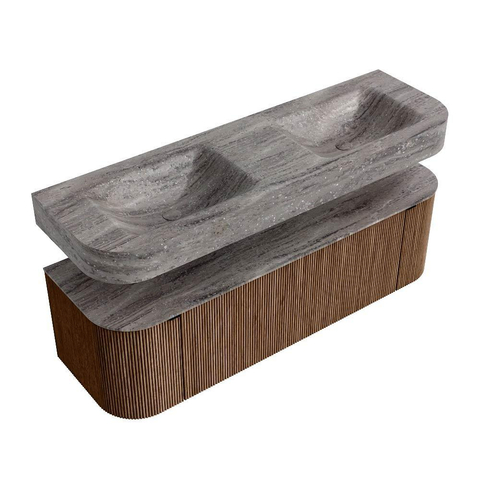 MONDIAZ THOR-DLUX 150cm meuble de salle de bains arrondi gauche + droite couleur Walnut avec 1 tiroir et 2 portes. Vasque suspendue CLOUD Double 2 trous de robinet couleur Oza. SW1464859