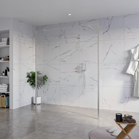 Fortifura Galeria Vrijstaande Inloopdouche - 160x200cm - helder - antikalk - 8mm veiligheidsglas - 2 zijwanden - 40cm - wandsteunen en hoekprofielen - PVD - geborsteld RVS SW993099