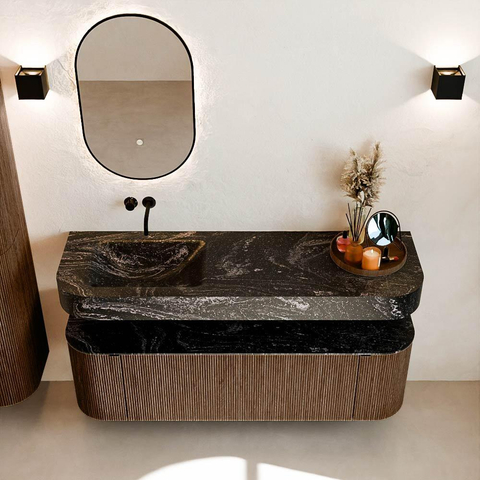 MONDIAZ THOR-DLUX 150cm badmeubel ronding links + rechts kleur Walnut met 1 lade en 2 deuren. Vrijhangende wastafel CLOUD Links zonder kraangat kleur Lava. SW1464661