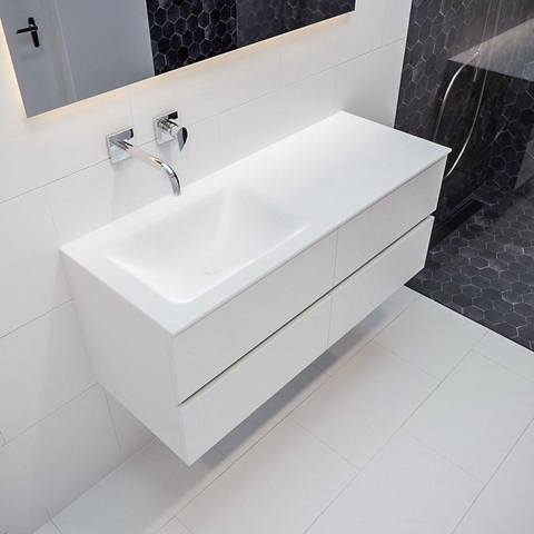 ENSEMBLE DE MEUBLE MONDIAZ VICA - 120cm - 4 tiroirs - lavabo Cloud gauche - 0 trous de robinet - solid surface talc SW409818