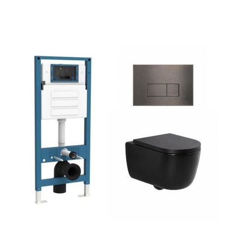 QeramiQ Dely Swirl Ensemble WC - réservoir encastré QeramiQ Flush - abattant 35mm - plaque de commande métal gunmetal - boutons rectangulaires - noir mat SW1578292