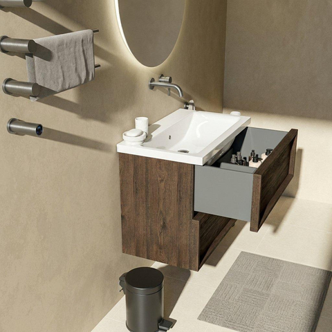 Saniclass Holz Frame Badkamermeubelset - 80x45x63.5cm - Bari keramische wastafel wit - 1 wasbak - zonder kraangat - 2 lades - mat eiken charcoal (hout) SW1579728