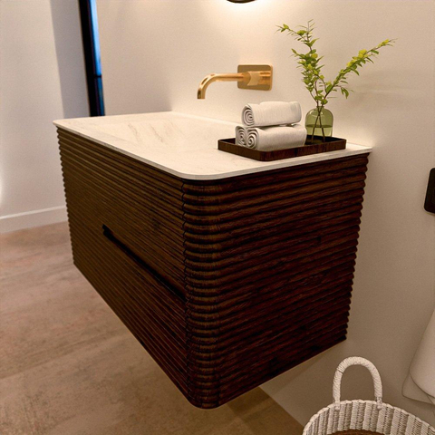 Mondiaz CIRO-DLUX Badkamermeubelset - 90x45x50cm - Solid surface wastafel Opalo - 1 wasbak Midden - zonder kraangaten - 2 lades - Walnut SW1530183
