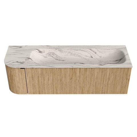 MONDIAZ KURVE-DLUX meuble de salle de bains 145cm arrondi gauche couleur Oak avec 1 tiroir et 1 porte. Lavabo BIG LARGE droite sans trou de robinet Nata. SW1432105