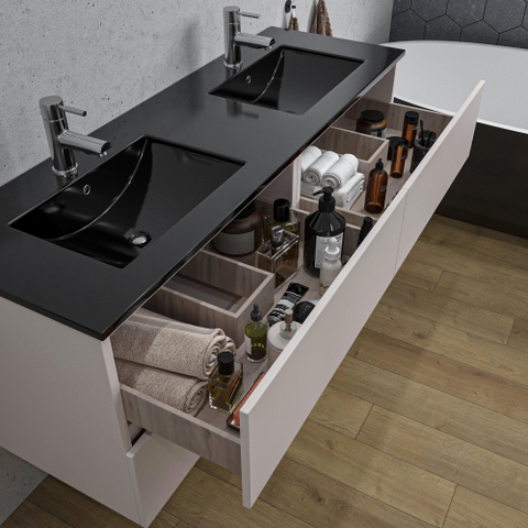 Saniclass Chaci Meuble de salle de bain - 140x46x55cm - lavabo en céramique noir - 2 vasques - 2 trous de robinet - 4 tiroirs - mat cotton (beige) SW1182428