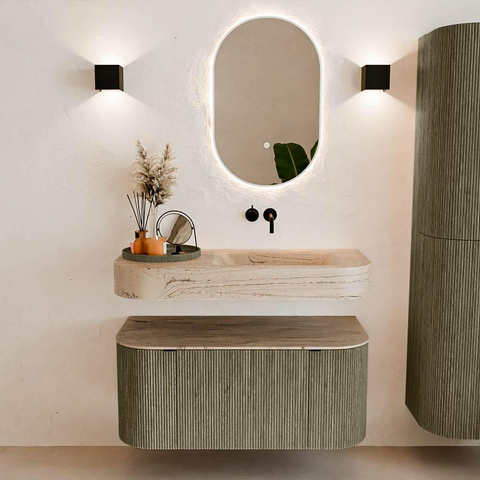 MONDIAZ THOR-DLUX 100cm meuble de salle de bains arrondi gauche + droite couleur Shadow avec 1 tiroir et 2 portes. Vasque suspendue CLOUD droite sans trou de robinet couleur Arena. SW1467464