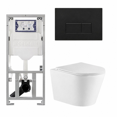 QeramiQ Dely Toiletset - 36.3x51.7cm - diepspoel - rimless - Geberit UP320 inbouwreservoir - met Burda frame - softclose toiletzitting - mat zwarte bedieningsplaat - rechtehoekige knoppen - glans wit (zwart) SW1102477