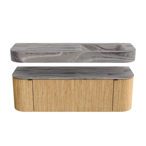 MONDIAZ THOR-DLUX 140cm badmeubel ronding links + rechts kleur Oak met 1 lade en 2 deuren. Vrijhangende wastafel CLOUD Rechts 1 kraangat kleur Sombra. SW1464345