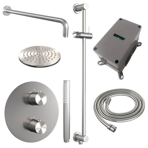 BRAUER Édition Brossée douche à l'italienne thermostatique encastrée - 3 voies - rond - ensemble 87 - douche principale de 20 cm - bras mural courbé - douchette à main - flexible de douche - colonne de douche intégrée - inox brossé PVD SW1159157