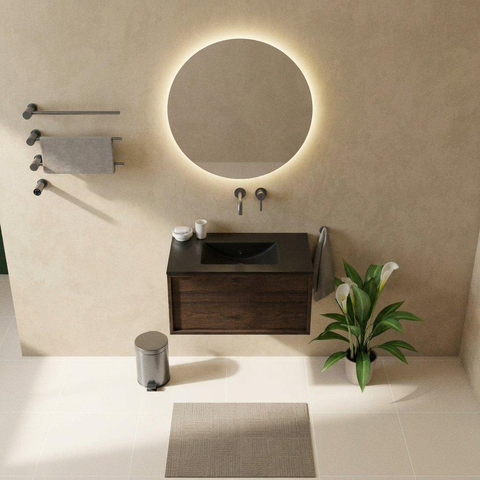Saniclass Holz Frame Badkamermeubelset - 80x45x42cm - Vygo keramische wastafel zwart - 1 wasbak - zonder kraangat - 1 lade - mat eiken charcoal (hout) SW1478946