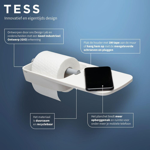 Tiger Tess Toiletrolhouder - met planchet - zelfklevend/boren - wit/lichtgrijs SW877661