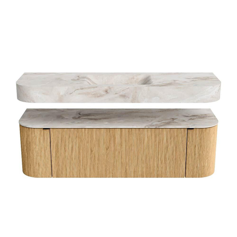 MONDIAZ THOR-DLUX 150cm meuble de salle de bains arrondi gauche + droite couleur Oak avec 1 tiroir et 2 portes. Vasque suspendue CLOUD Milieu sans trou de robinet couleur Frappe. SW1412302