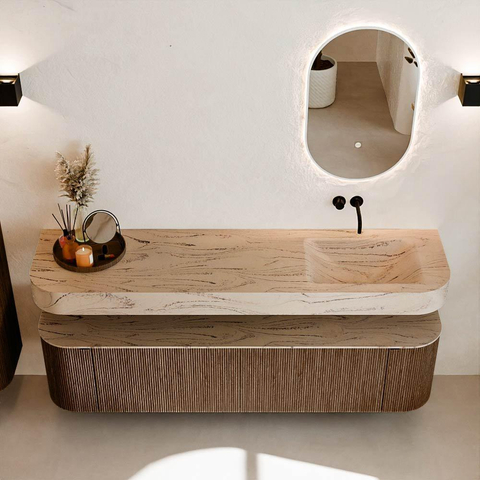 MONDIAZ THOR-DLUX 180cm badmeubel ronding links + rechts kleur Walnut met 2 lades en 2 deuren. Vrijhangende wastafel CLOUD Rechts zonder kraangat kleur Arena. SW1466111