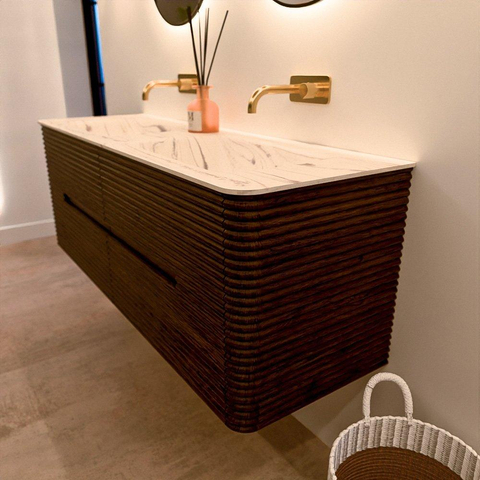 Mondiaz CIRO-DLUX Badkamermeubelset - 140x45x50cm - Solid surface wastafel Nata - 2 wasbak Dubbel - zonder kraangaten - 4 lades - Walnut SW1530593
