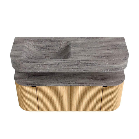 MONDIAZ THOR-DLUX 120cm badmeubel ronding links + rechts kleur Oak met 1 lade en 2 deuren. Vrijhangende wastafel CLOUD Links zonder kraangat kleur Oza. SW1463419
