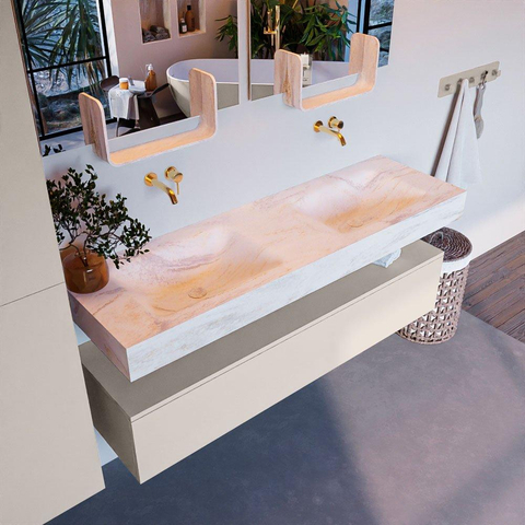 Mondiaz ALAN-DLUX Ensemble de meuble - 150cm - meuble Linen mat - 1 tiroir - Lavabo Cloud Ostra suspendu - vasque Gauche et droite - 0 trous de robinet SW807265