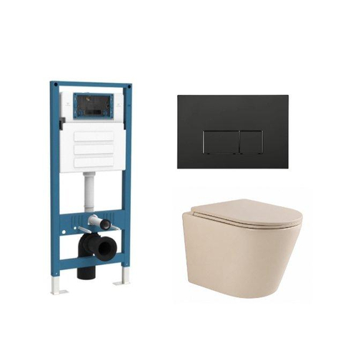 QeramiQ Dely Toiletset - inbouwreservoir Qeramiq Flush - slim zitting - kunststof mat zwarte bedieningsplaat - rechthoekige knoppen - beige SW1578553